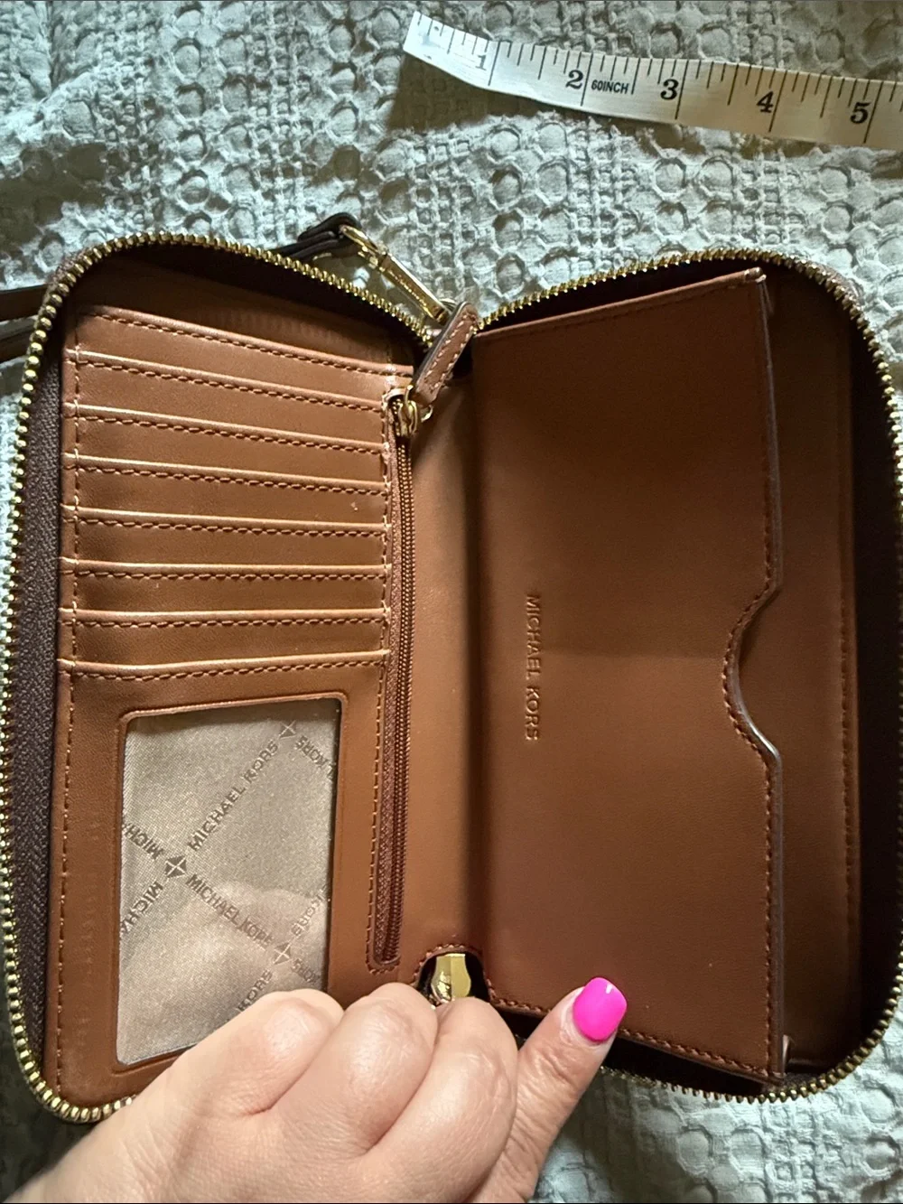 Michael Kors Brown Signature Wristlet Zip Wallet with Gold Logo